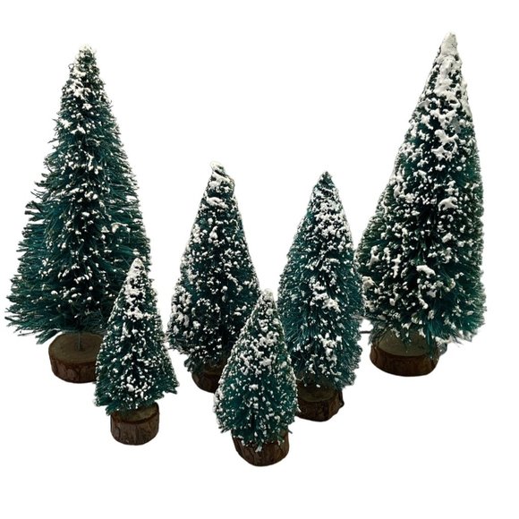 Bottle Brush Trees Snow Flocked Lot of 6 Christmas Village Accessory 3.75" - 7" - Picture 1 of 8